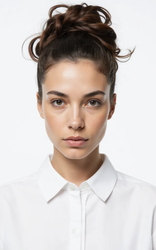 A French female model with a Twisted bun, wearing a shirt, against a white background, in a front   facing bust portrait